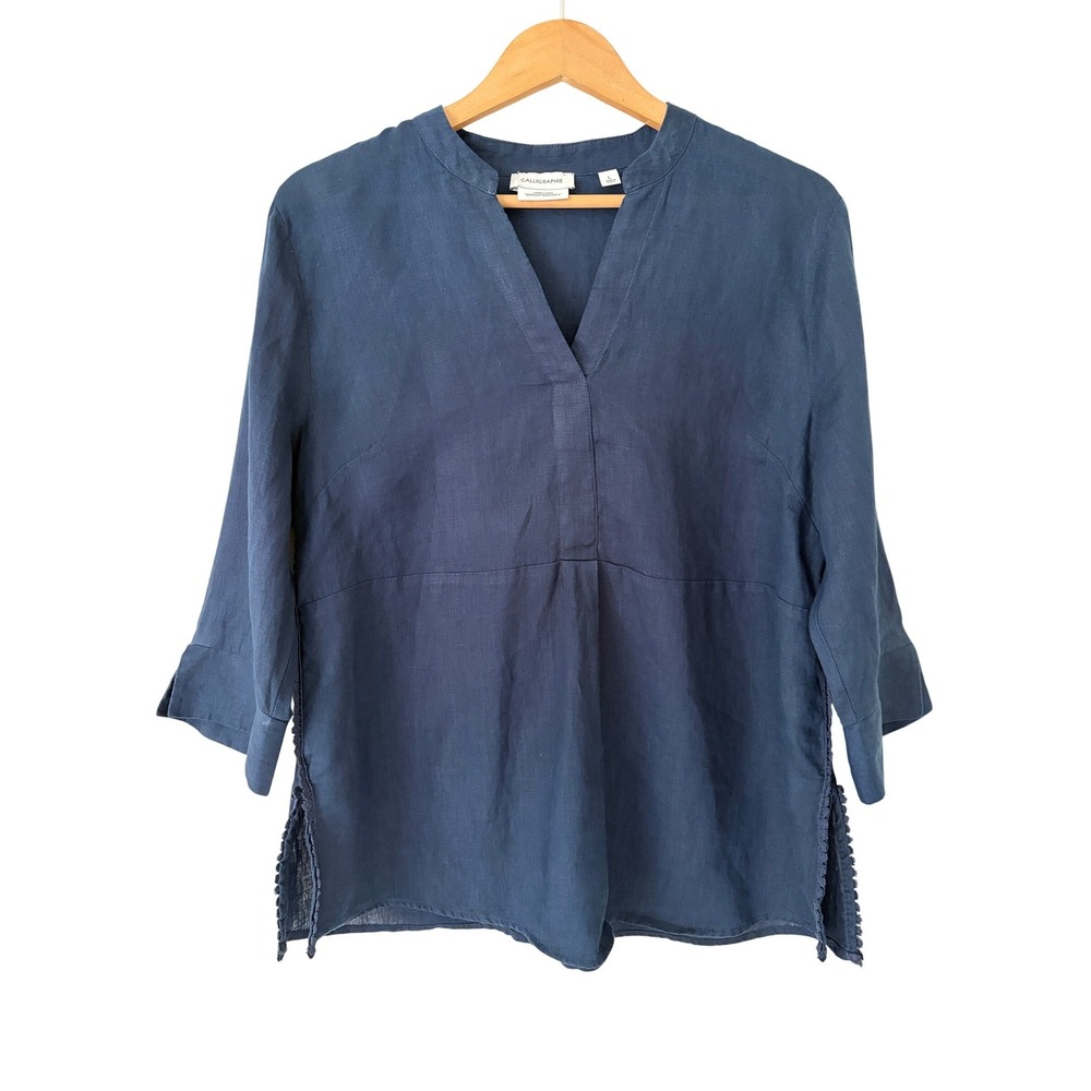 Calligraphie Womens 100% Linen Crochet Trim Tunic Top Large Navy Blue V-Neck